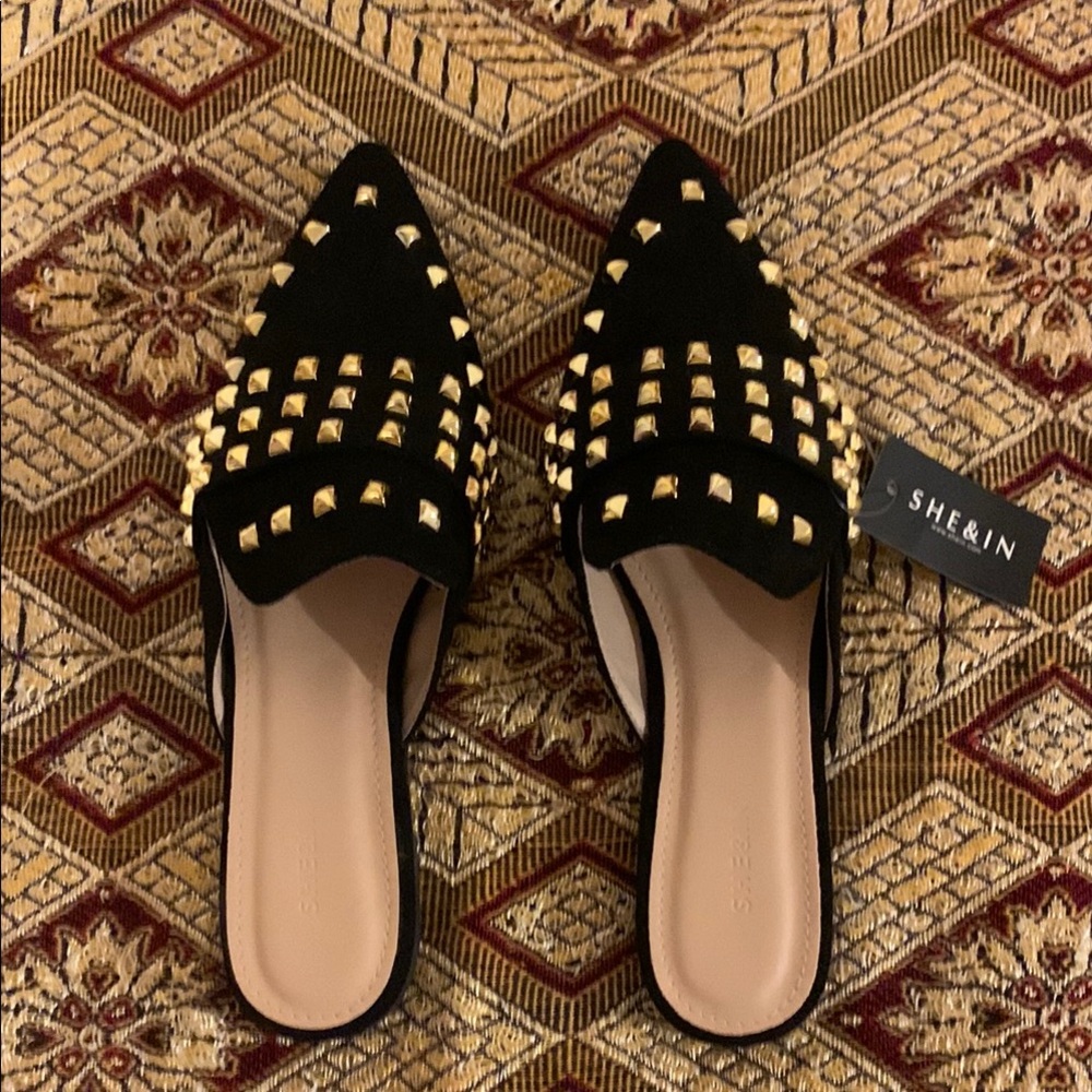 SHEIN Black and Gold Studded Suede Mules